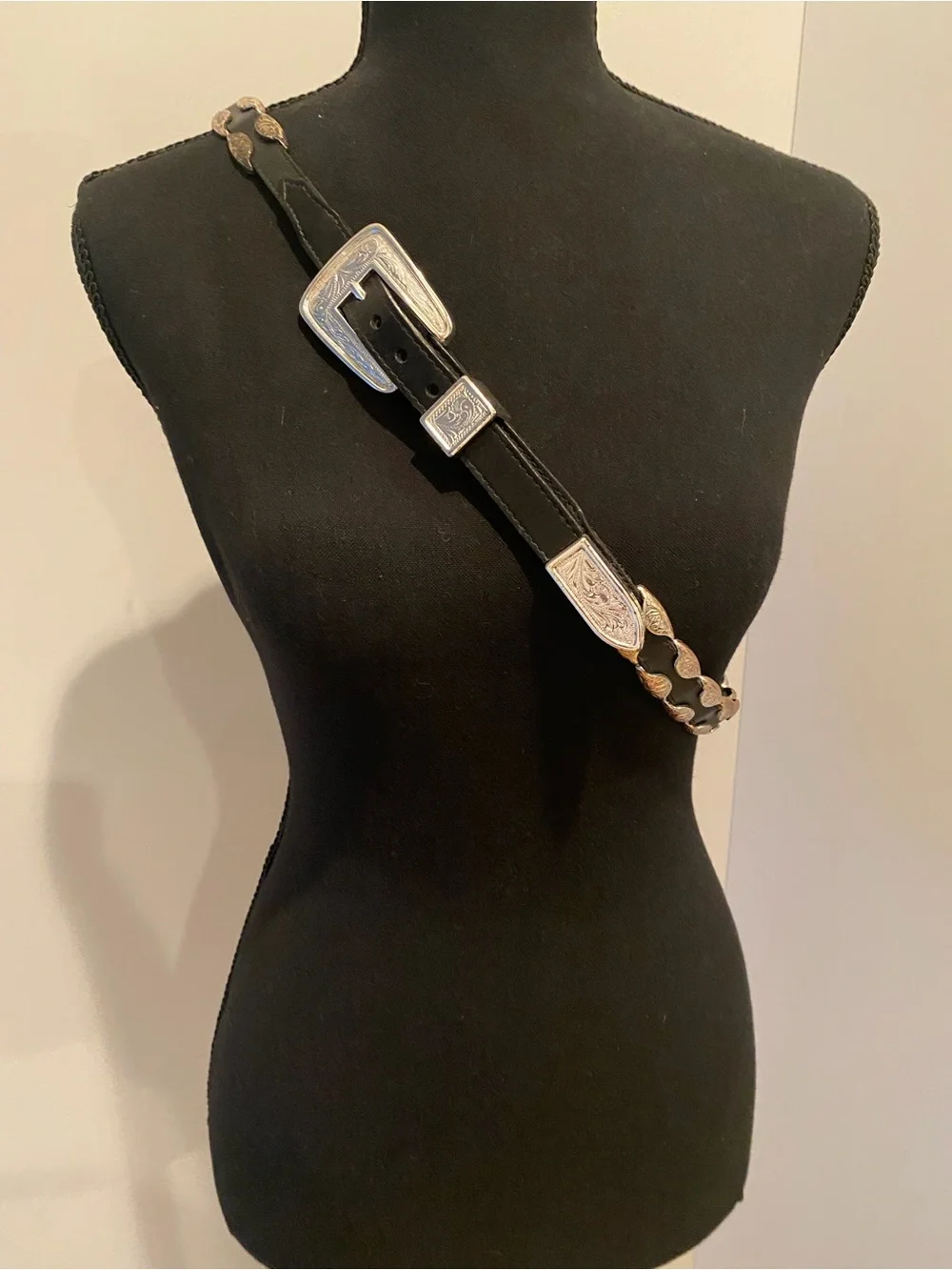 Black Top Grain Cow Hide Western Belt with Engraved Silver-Tone Hardware